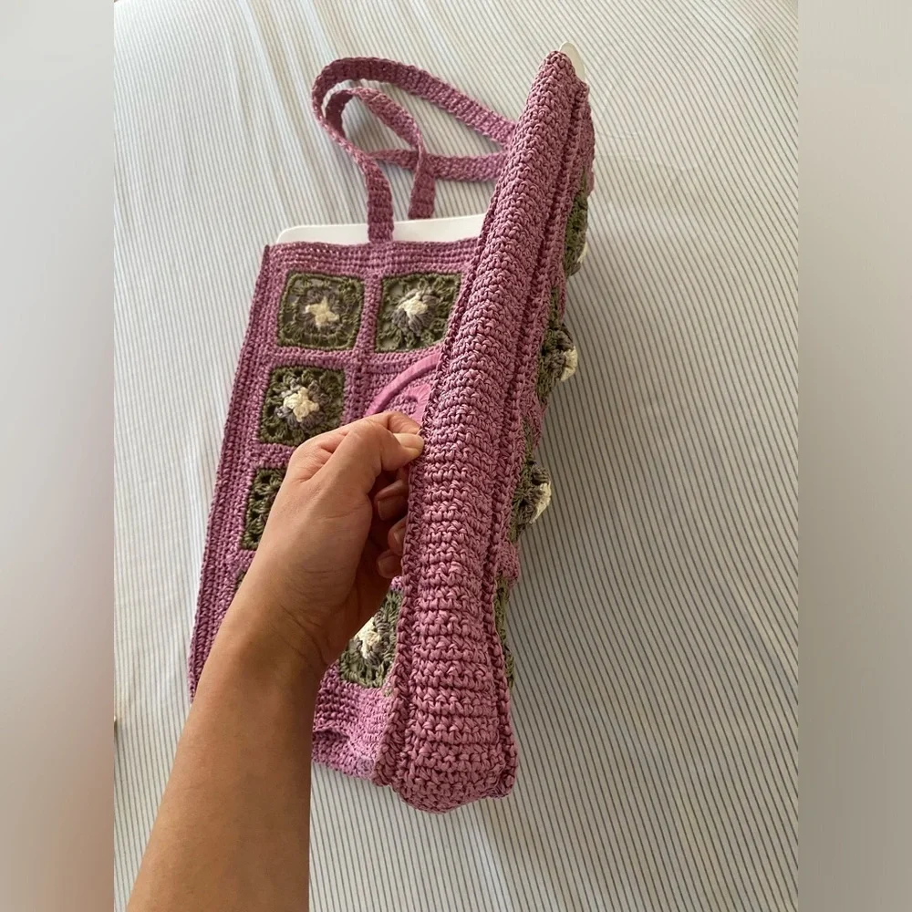 Tory Burch Pink & Green Raffia Hand Crochet Tote Bag